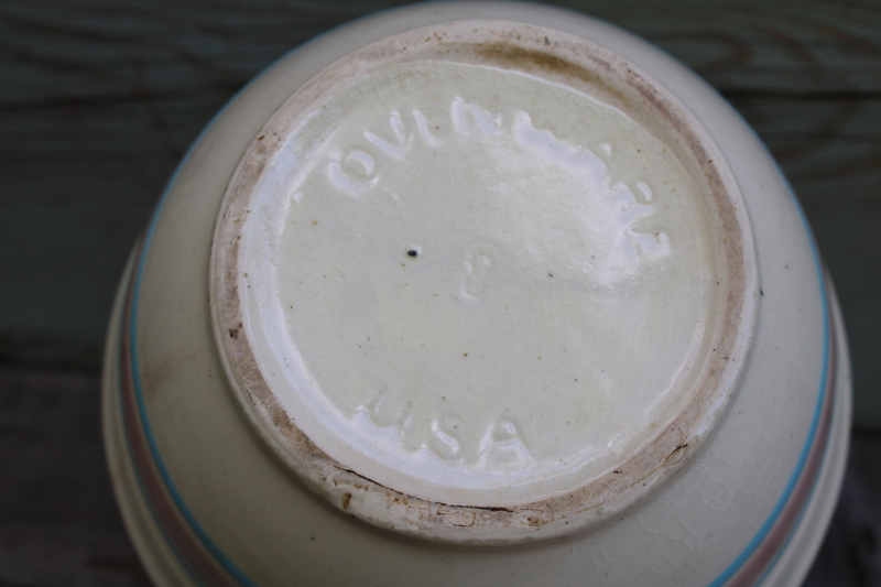 photo of vintage McCoy ovenware pottery pink & blue band mixing bowl very shabby 8 inch bowl #5
