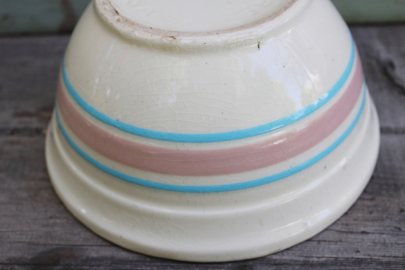photo of vintage McCoy ovenware pottery pink & blue band mixing bowl very shabby 8 inch bowl #7