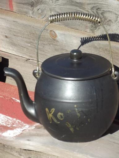 photo of vintage McCoy pottery Kookie Kettle cookie jar, old black tea pot #1