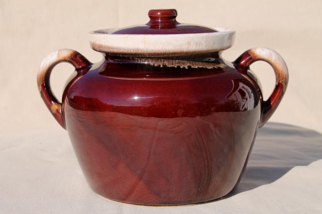 photo of vintage McCoy pottery bean pot, brown drip glaze stoneware crock for baked beans #1