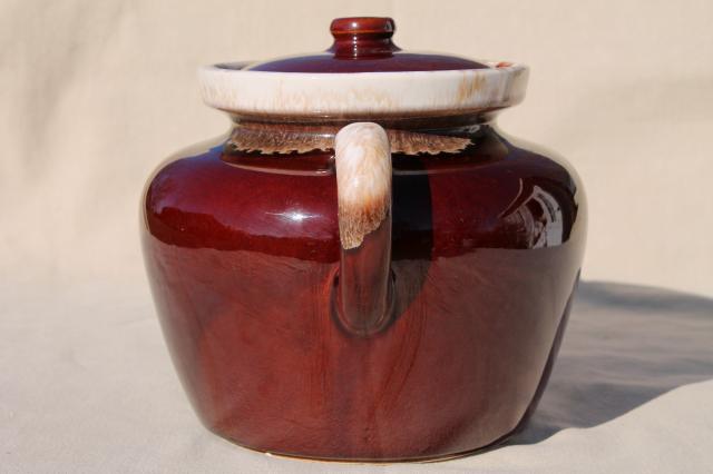 photo of vintage McCoy pottery bean pot, brown drip glaze stoneware crock for baked beans #2