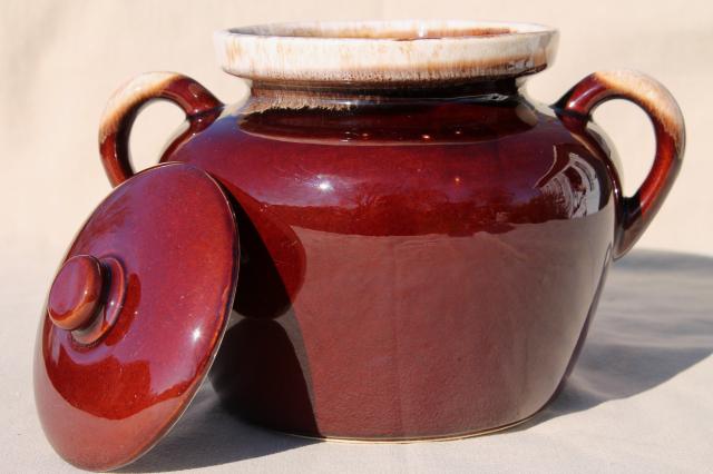 photo of vintage McCoy pottery bean pot, brown drip glaze stoneware crock for baked beans #3