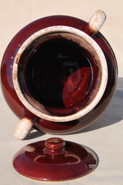 photo of vintage McCoy pottery bean pot, brown drip glaze stoneware crock for baked beans #5