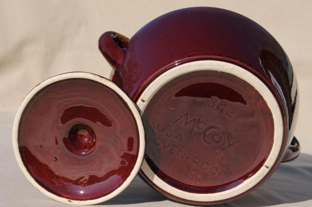 photo of vintage McCoy pottery bean pot, brown drip glaze stoneware crock for baked beans #6