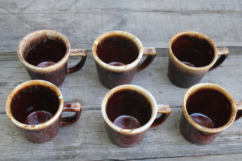 photo of vintage McCoy pottery brown drip glaze ceramic mugs, large D handle shape coffee cups  #2