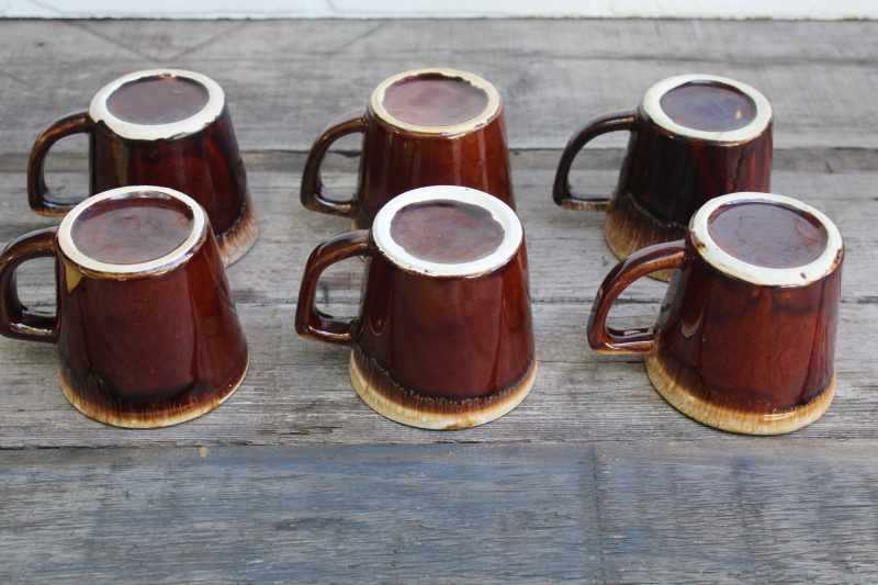 photo of vintage McCoy pottery brown drip glaze ceramic mugs, large D handle shape coffee cups  #3