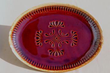 catalog photo of vintage McCoy pottery brown drip glaze platter, folk art carved design 