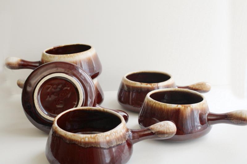 photo of vintage McCoy pottery brown drip stick handle soup bowls or individual casseroles #1