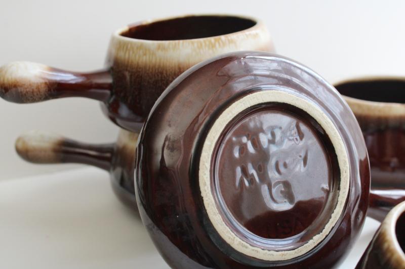 photo of vintage McCoy pottery brown drip stick handle soup bowls or individual casseroles #2