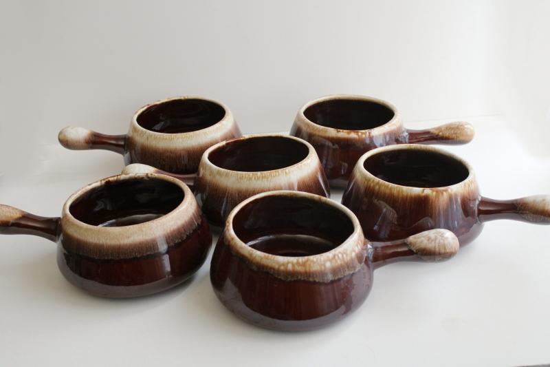 photo of vintage McCoy pottery brown drip stick handle soup bowls or individual casseroles #3