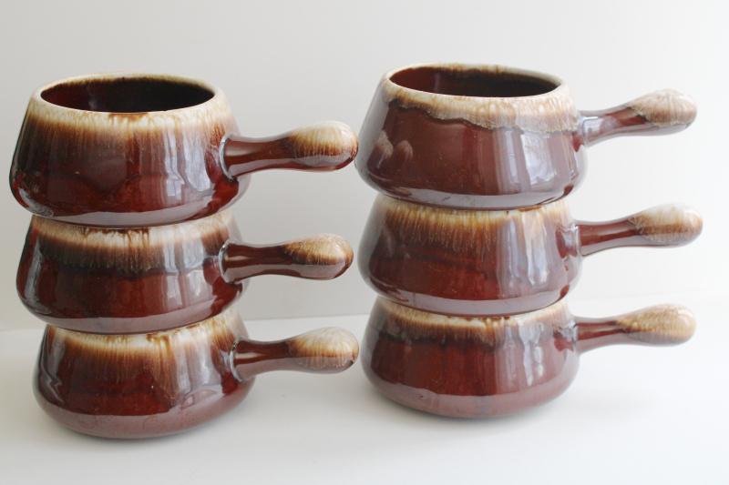 photo of vintage McCoy pottery brown drip stick handle soup bowls or individual casseroles #5