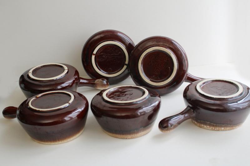 photo of vintage McCoy pottery brown drip stick handle soup bowls or individual casseroles #6