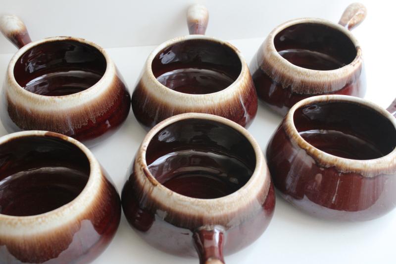 photo of vintage McCoy pottery brown drip stick handle soup bowls or individual casseroles #7