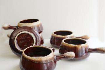 catalog photo of vintage McCoy pottery brown drip stick handle soup bowls or individual casseroles