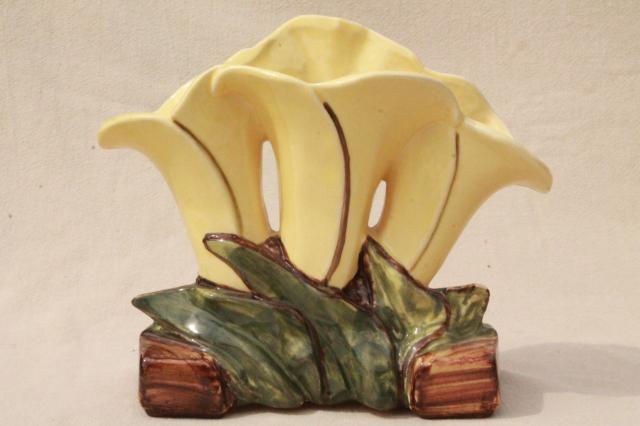 photo of vintage McCoy pottery calla lily planter vase, yellow lilies flower pot #1