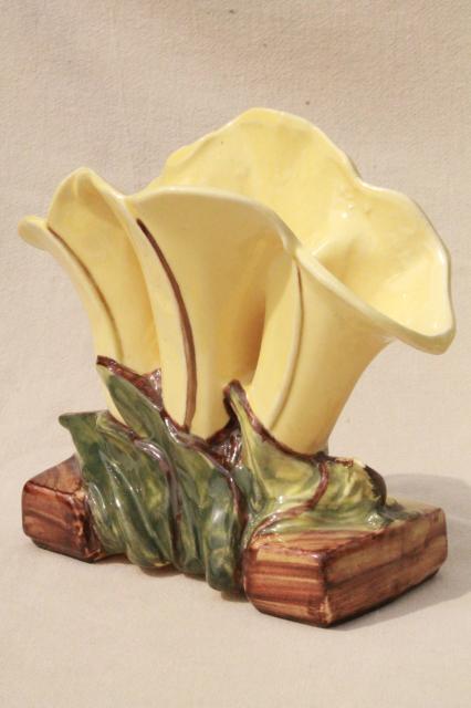 photo of vintage McCoy pottery calla lily planter vase, yellow lilies flower pot #2