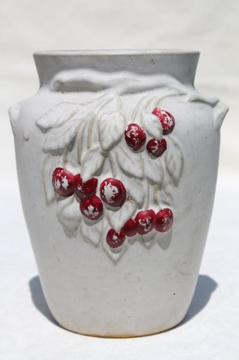 photo of vintage McCoy pottery cherry branch vase, matte white vase w/ red cherries Nelson McCoy #1