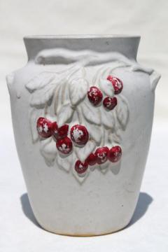 catalog photo of vintage McCoy pottery cherry branch vase, matte white vase w/ red cherries Nelson McCoy