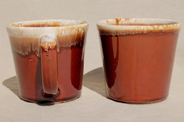 photo of vintage McCoy pottery coffee mugs, brown drip glaze stoneware cups #2