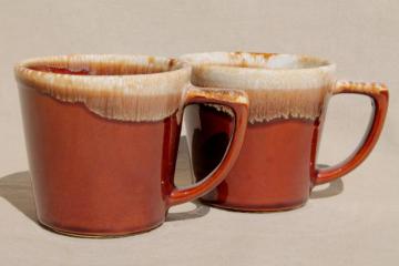 catalog photo of vintage McCoy pottery coffee mugs, brown drip glaze stoneware cups