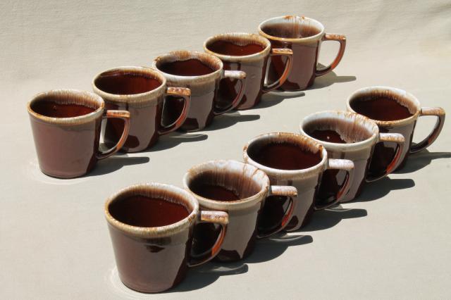 photo of vintage McCoy pottery coffee mugs, brown drip glaze stoneware cups #1