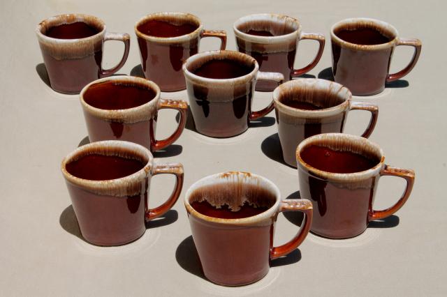 photo of vintage McCoy pottery coffee mugs, brown drip glaze stoneware cups #2