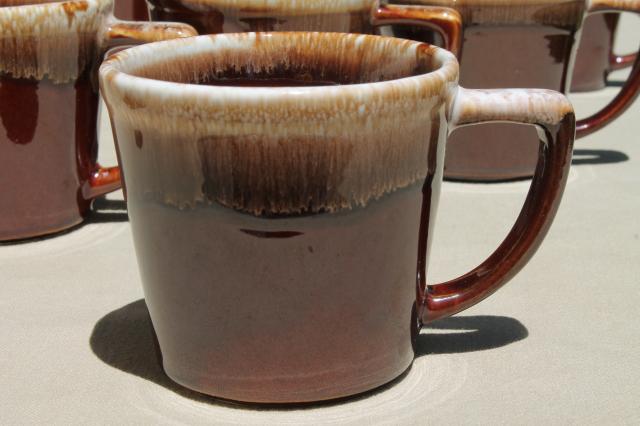 photo of vintage McCoy pottery coffee mugs, brown drip glaze stoneware cups #3