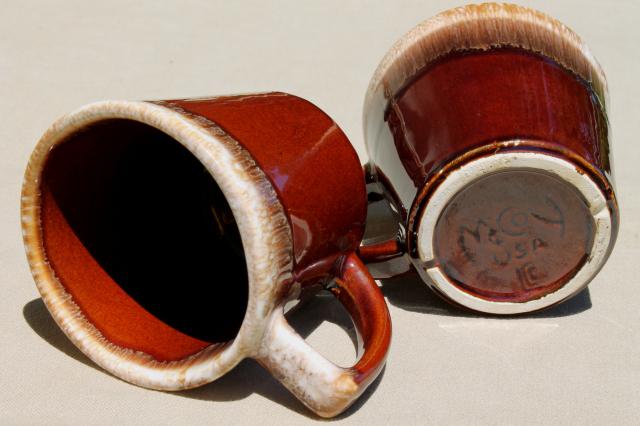 photo of vintage McCoy pottery coffee mugs, brown drip glaze stoneware cups #4