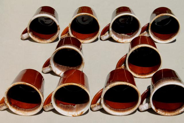 photo of vintage McCoy pottery coffee mugs, brown drip glaze stoneware cups #5