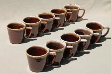 catalog photo of vintage McCoy pottery coffee mugs, brown drip glaze stoneware cups