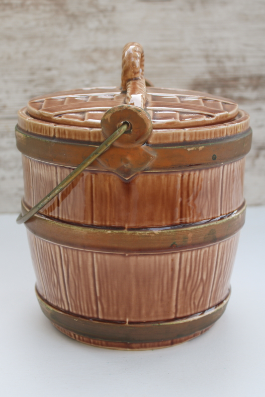 photo of vintage McCoy pottery cookie jar, old oaken bucket style oak barrel with pail handle  #2