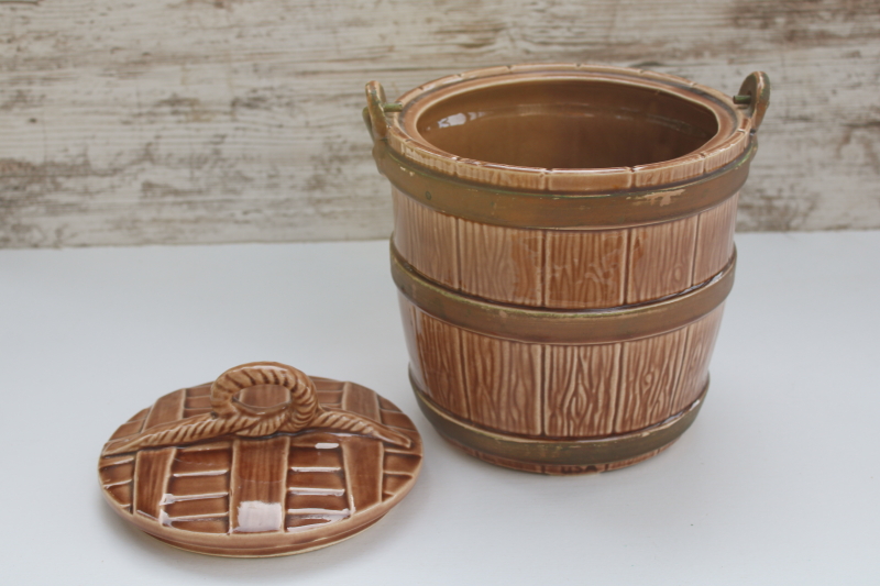 photo of vintage McCoy pottery cookie jar, old oaken bucket style oak barrel with pail handle  #3