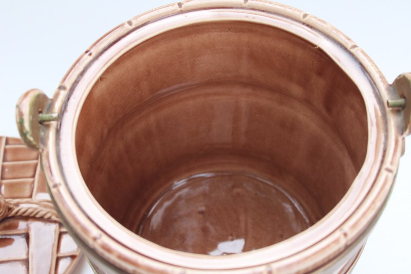 photo of vintage McCoy pottery cookie jar, old oaken bucket style oak barrel with pail handle  #4