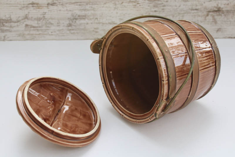 photo of vintage McCoy pottery cookie jar, old oaken bucket style oak barrel with pail handle  #5