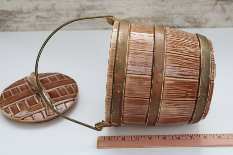 photo of vintage McCoy pottery cookie jar, old oaken bucket style oak barrel with pail handle  #6