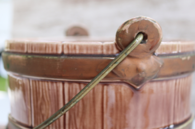 photo of vintage McCoy pottery cookie jar, old oaken bucket style oak barrel with pail handle  #7