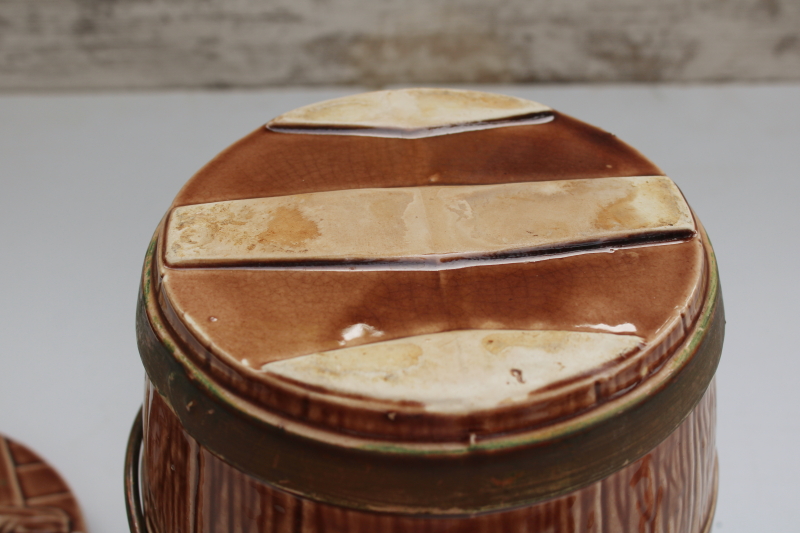 photo of vintage McCoy pottery cookie jar, old oaken bucket style oak barrel with pail handle  #8