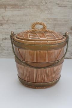 catalog photo of vintage McCoy pottery cookie jar, old oaken bucket style oak barrel with pail handle 