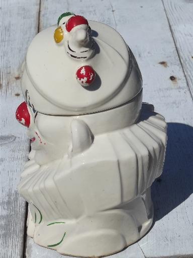 photo of vintage McCoy pottery cookie jar, white glaze clown w/ handpainted face #2