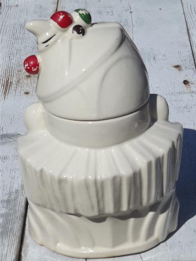 photo of vintage McCoy pottery cookie jar, white glaze clown w/ handpainted face #3