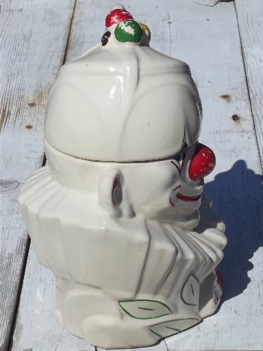 photo of vintage McCoy pottery cookie jar, white glaze clown w/ handpainted face #4