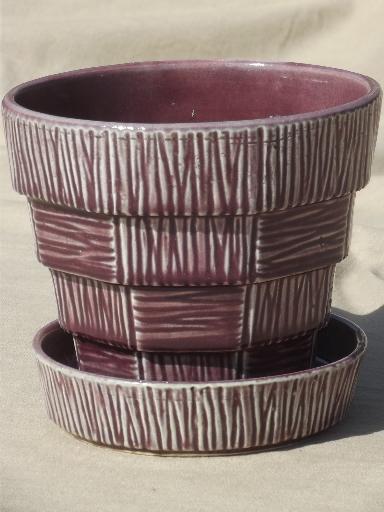 photo of vintage McCoy pottery flower pot, retro purple McCoy basketweave planter #1