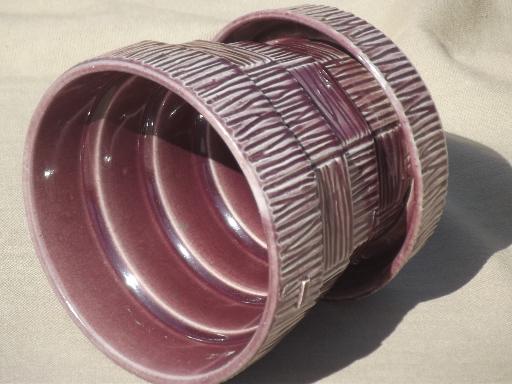 photo of vintage McCoy pottery flower pot, retro purple McCoy basketweave planter #3