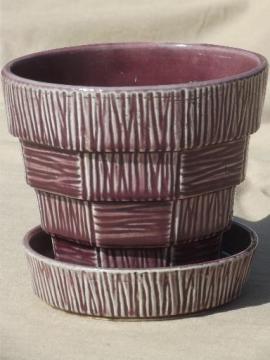 catalog photo of vintage McCoy pottery flower pot, retro purple McCoy basketweave planter