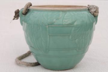 catalog photo of vintage McCoy pottery hanging planter flower pot, aqua sweet pea leaf plant hanger