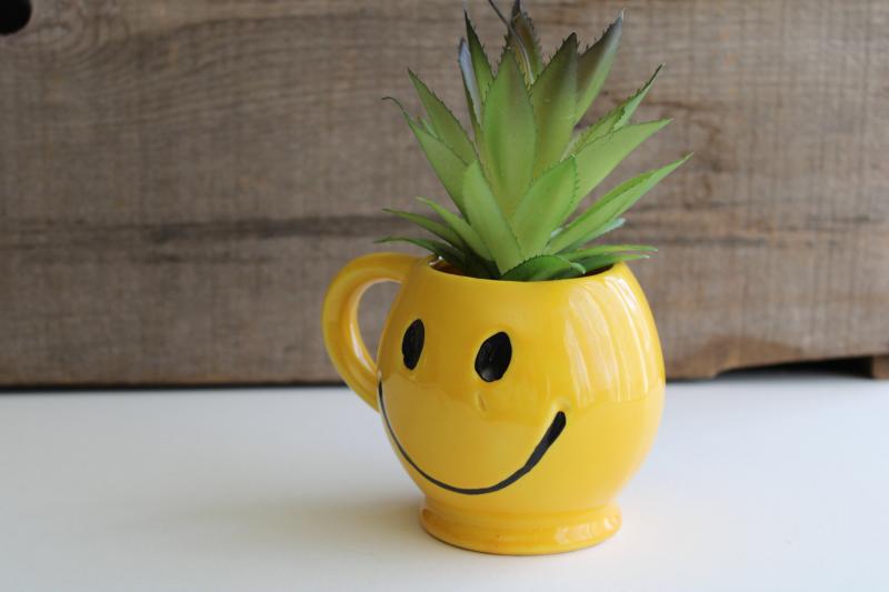 photo of vintage McCoy pottery mug, smiley face yellow smile coffee cup, 60s 70s retro #1