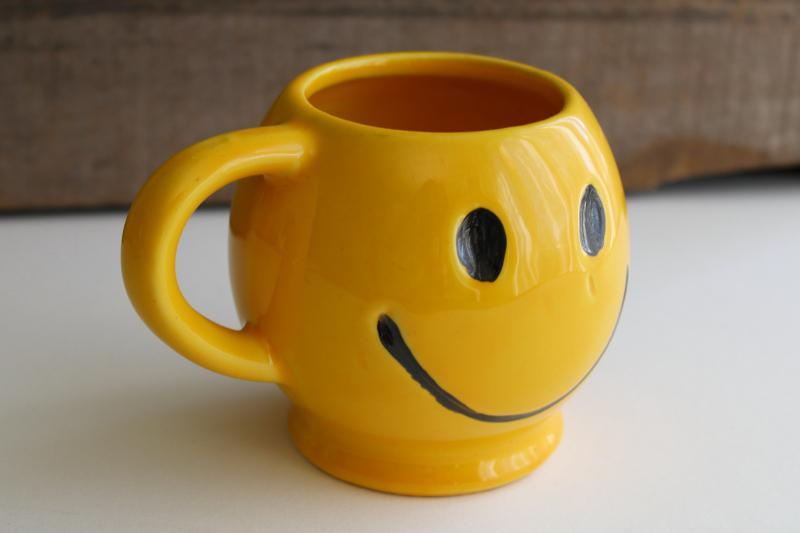 photo of vintage McCoy pottery mug, smiley face yellow smile coffee cup, 60s 70s retro #7