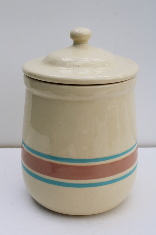photo of vintage McCoy pottery pink & blue striped band canister or cookie jar w/ lid #1