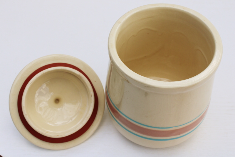 photo of vintage McCoy pottery pink & blue striped band canister or cookie jar w/ lid  #3