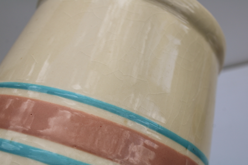 photo of vintage McCoy pottery pink & blue striped band canister or cookie jar w/ lid  #6